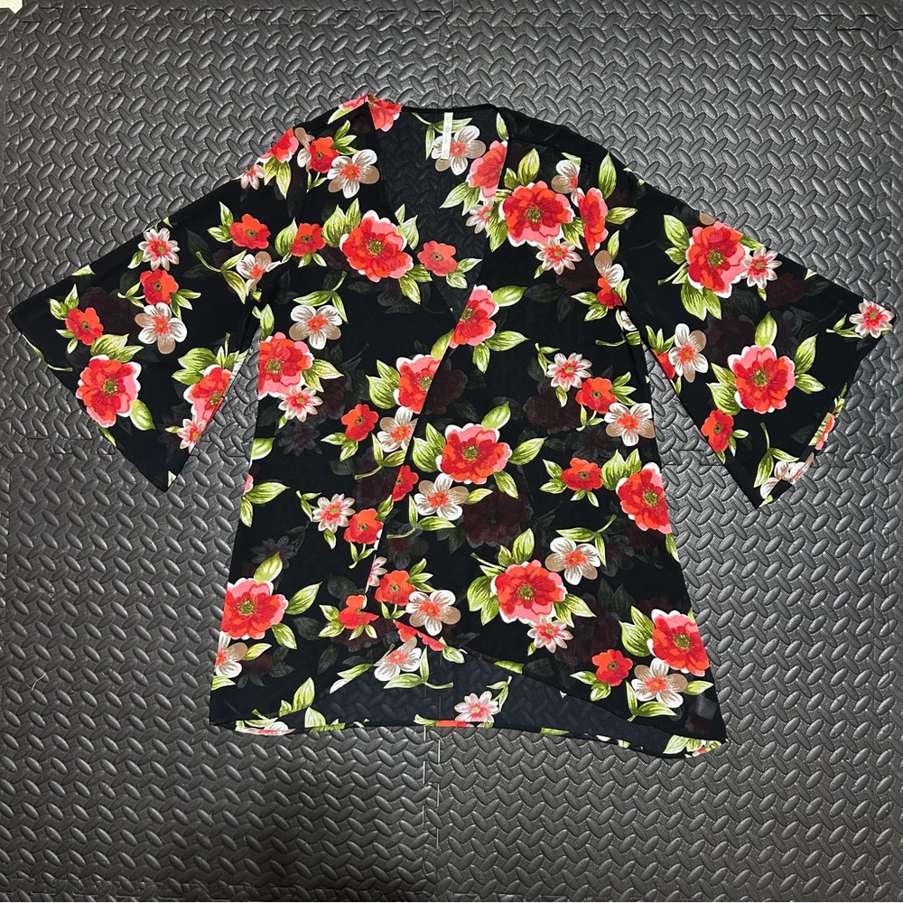 DNA Couture Cardigan Kimono Top Blouse Shirt Chiffon Floral Print Womens Large